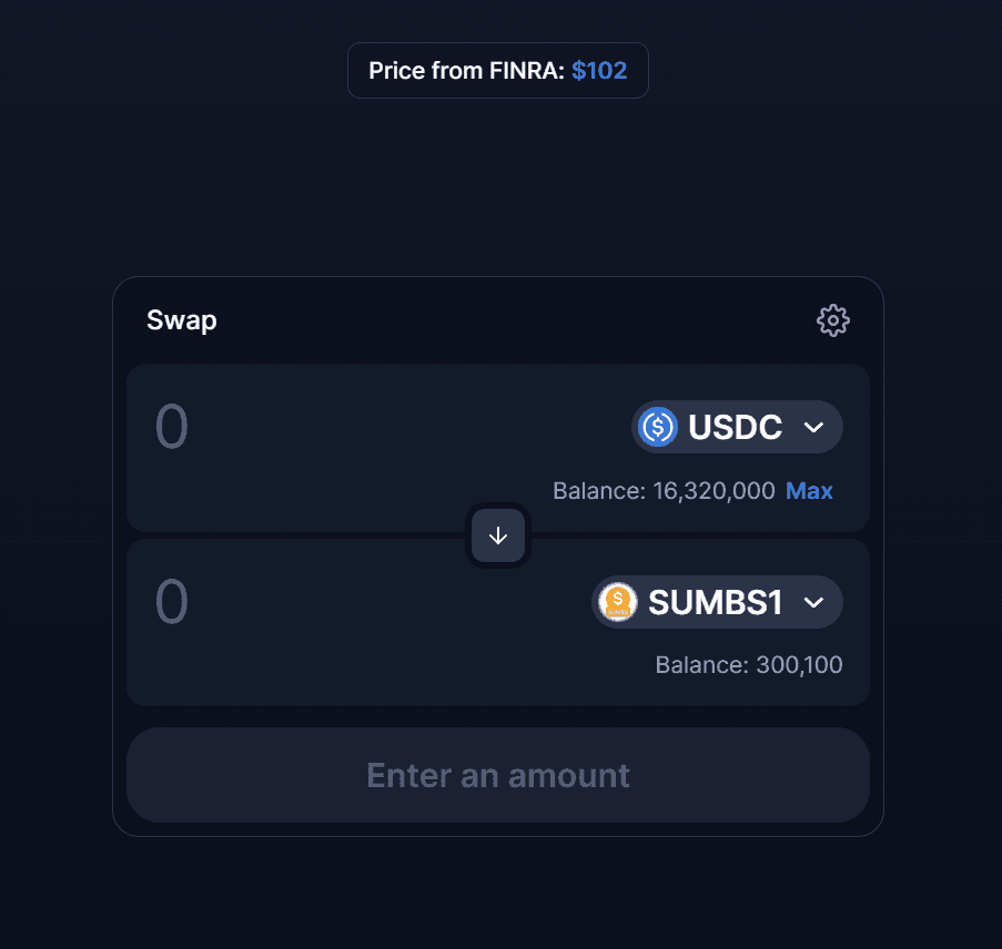 OWNR trading interface showing USDC to SUMBS1 swap with FINRA pricing